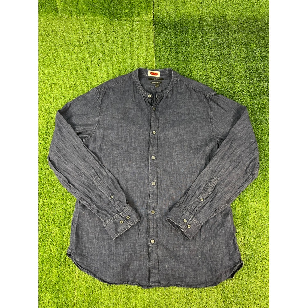 Banana Republic Mens Large Blue 100% Linen Camden Fit Band Collar Shirt L/S